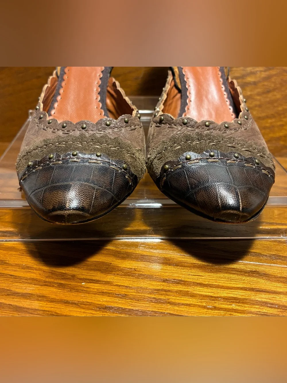 Apepazza Stud Accent Scalloped Trim Cap Toe Leather Heels Brown IT 37.5 US 7.5